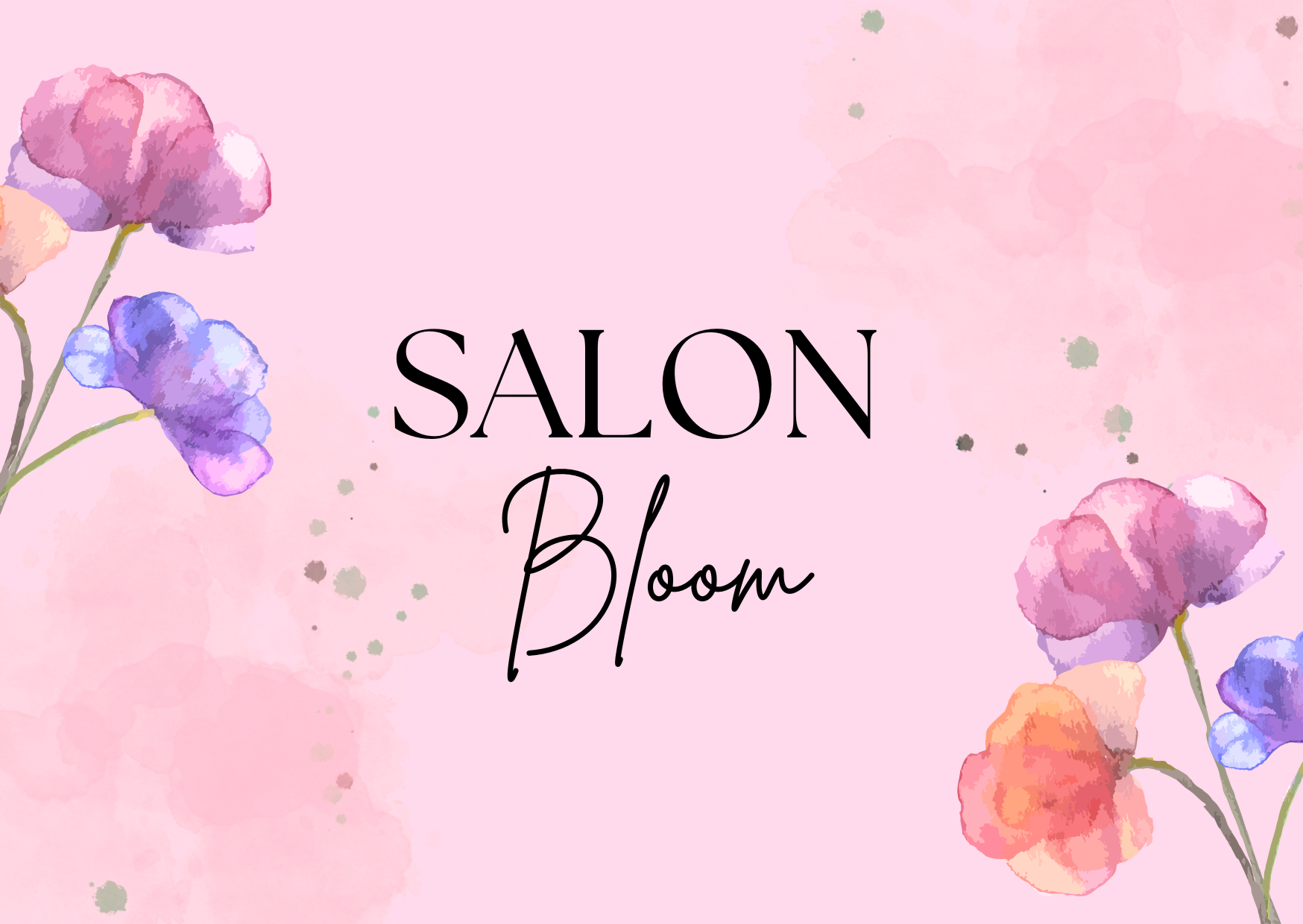 Het kaartje van Salon Bloom: de naam tussen aquarelbloemen op roze